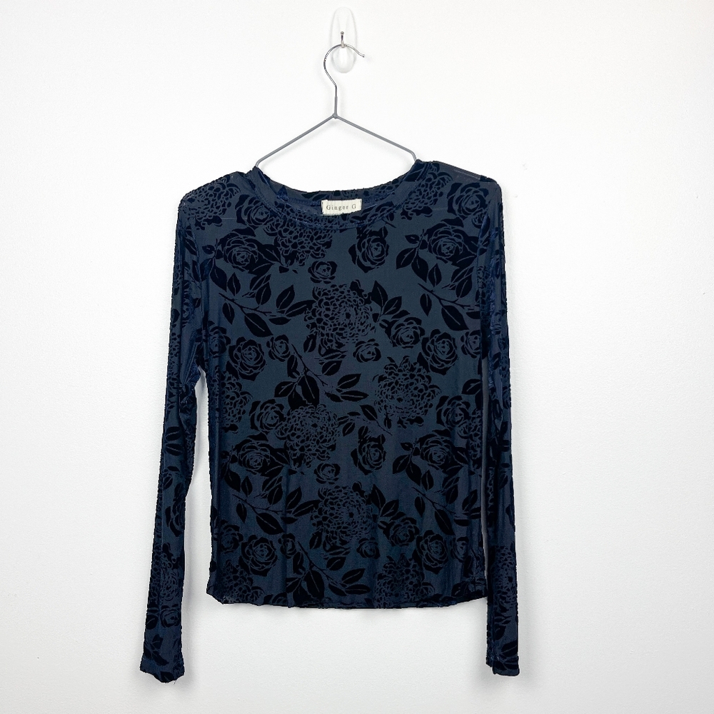 Ginger G Black & Blue Sheer Velvet Floral Patterned Long Sleeve Top